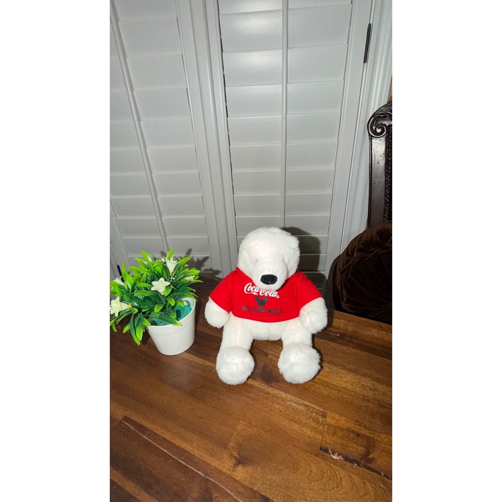 Coca-Cola Walt Disney World Polar Bear Plush White Red Shirt Mickey Mouse 8 inch